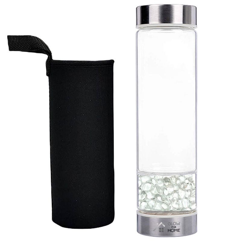 Casa si Gradina - Bucatarie si vesela - Cani si pahare - Sticle - Sticla reutilizabila cu cristale naturale, GlowforHome, capac rezistent la scurgeri, 500 ml, Husa Protectie, Quartz Alb - Infinity.ro