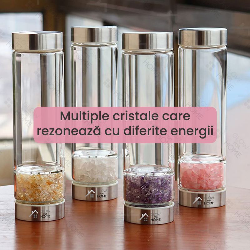 Casa si Gradina - Bucatarie si vesela - Cani si pahare - Sticle - Sticla reutilizabila cu cristale naturale, GlowforHome, capac rezistent la scurgeri, 500 ml, Husa Protectie, Quartz Alb - Infinity.ro