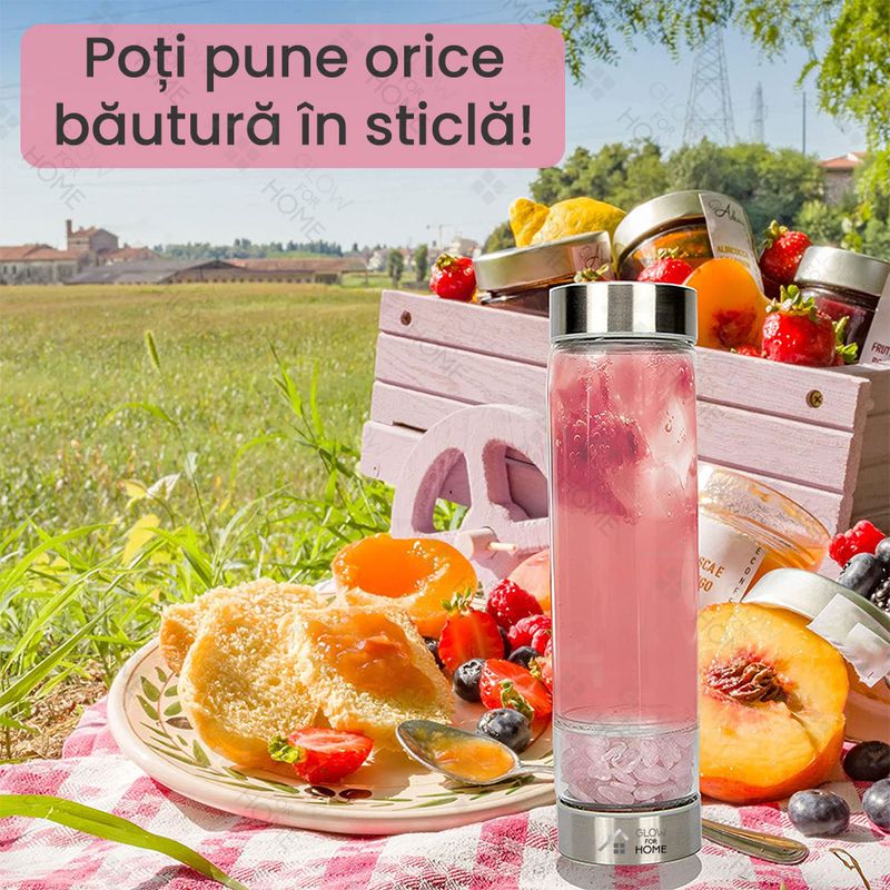 Casa si Gradina - Bucatarie si vesela - Cani si pahare - Sticle - Sticla reutilizabila cu cristale naturale, GlowforHome, capac rezistent la scurgeri, 500 ml, Husa Protectie, Quartz Alb - Infinity.ro