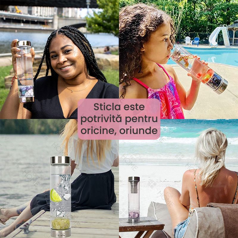 Casa si Gradina - Bucatarie si vesela - Cani si pahare - Sticle - Sticla reutilizabila cu cristale naturale, GlowforHome, capac antiscurgeri, 500 ml, Husa Protectie, Black Obsidian - Infinity.ro