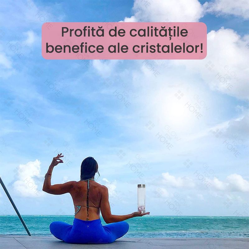 Casa si Gradina - Bucatarie si vesela - Cani si pahare - Sticle - Sticla reutilizabila cu cristale naturale, GlowforHome, capac rezistent la scurgeri, 500 ml, Husa Protectie, Quartz Alb - Infinity.ro
