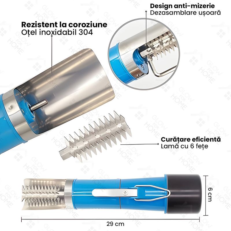 Casa si Gradina - Bucatarie si vesela - Ustensile bucatarie - Razatori si curatatoare - Aparat electric pentru curatat solzi de peste, GlowforHome, Lame din Otel Inoxidabil 304, IPX7, 6000 RPM, 75W, Negru - Infinity.ro