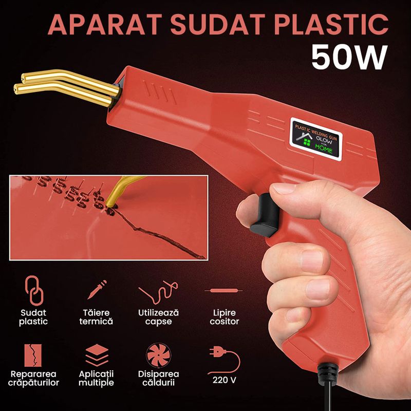 Casa si Gradina - Constructii - Scule electrice si accesorii - Pistoale de lipit - Trusa Aparat sudat plastic, GlowforHome, Pistol Profesional pentru lipit/sudat plastic, 200 capse, putere 50W, rosu - Infinity.ro