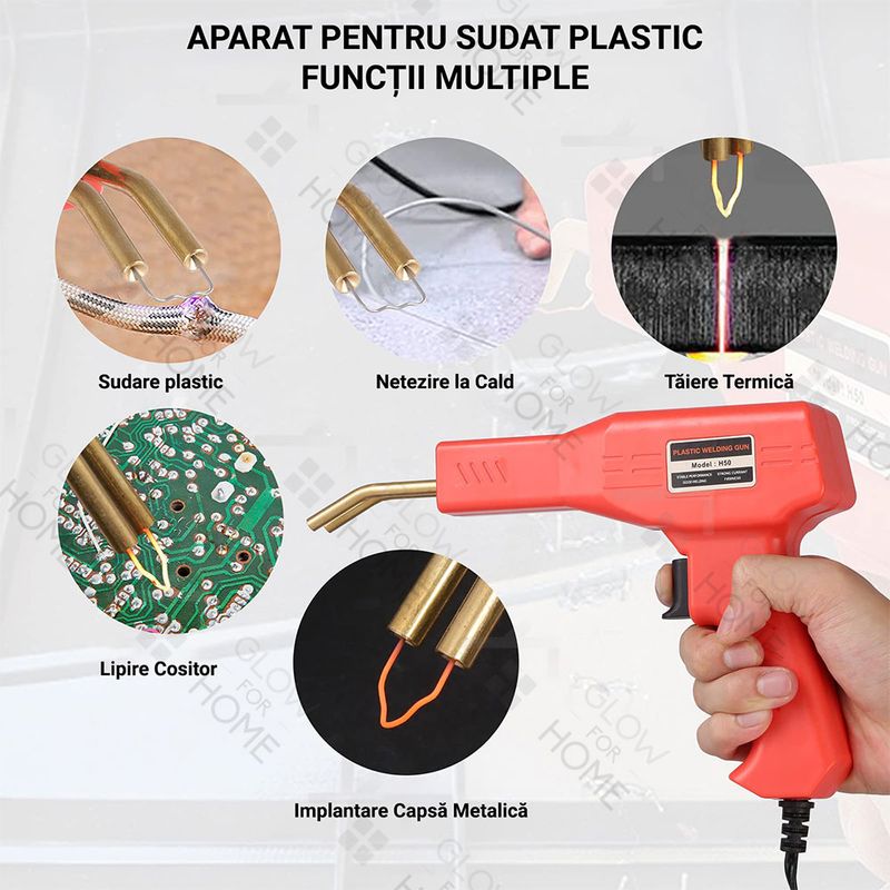 Casa si Gradina - Constructii - Scule electrice si accesorii - Pistoale de lipit - Trusa Aparat sudat plastic, GlowforHome, Pistol Profesional pentru lipit/sudat plastic, 200 capse, putere 50W, rosu - Infinity.ro