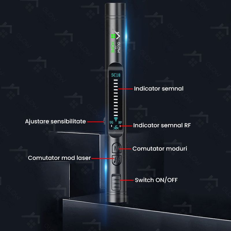 Laptop, Telefoane si Tablete - Wearables si gadgeturi - Gadgeturi - Dispozitive spionaj - Detector Aparate Spionaj si camere ascunse, GlowforHome, Microfoane, Localizatoare GPS, Reportofoane, 1-8000MHZ, negru - Infinity.ro