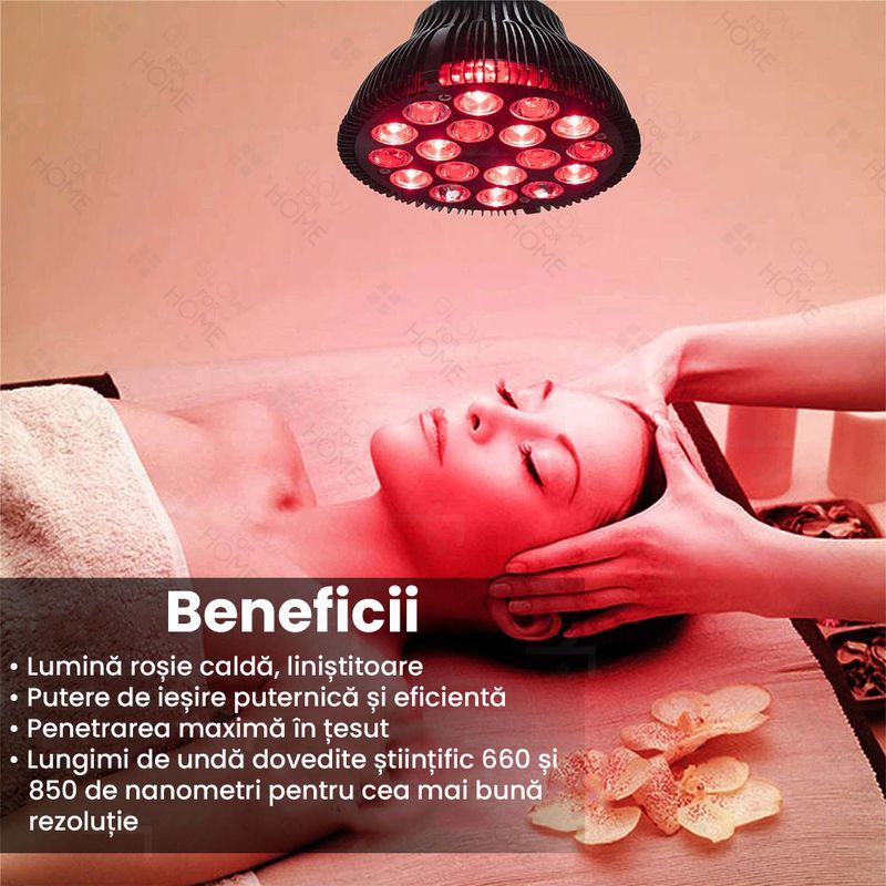 Ingrijire personala si Cosmetice - Aparate & accesorii ingrijire personala - Aparate cosmetice - Aparate intretinere si ingrijire corporala - Bec terapeutic cu lumina infrarosie GlowforHome, vindecare leziuni, 18 LED-uri 660 nm, 850nm infrarosu, dulie E27, negru - Infinity.ro