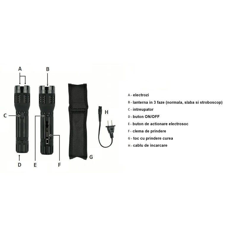 Sport si Outdoor - Sporturi de contact - Produse autoaparare - Electrosoc autoaparare cu lanterna IdeallStore®, Saber Power, 5000 KW, negru, aluminiu, husa inclusa - Infinity.ro