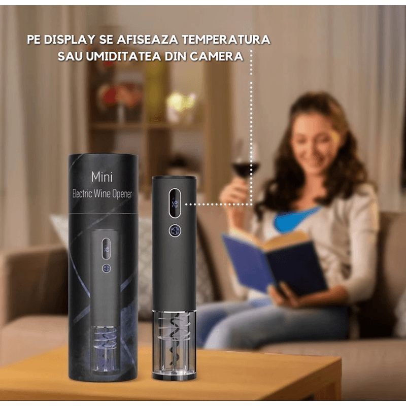 Casa si Gradina - Bucatarie si vesela - Accesorii bar - Tirbusoane si dopuri - Tirbuson Electric pentru Vin, Accesoriu Taiat Folie, Afisaj Temperatura si Umiditate, Autonomie 70 de Sticle, USB Type-C - Infinity.ro