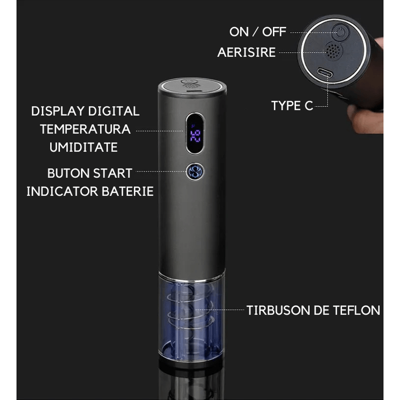 Casa si Gradina - Bucatarie si vesela - Accesorii bar - Tirbusoane si dopuri - Tirbuson Electric pentru Vin, Accesoriu Taiat Folie, Afisaj Temperatura si Umiditate, Autonomie 70 de Sticle, USB Type-C - Infinity.ro