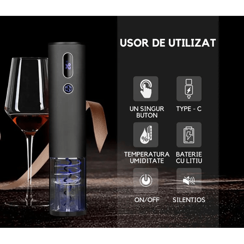 Casa si Gradina - Bucatarie si vesela - Accesorii bar - Tirbusoane si dopuri - Tirbuson Electric pentru Vin, Accesoriu Taiat Folie, Afisaj Temperatura si Umiditate, Autonomie 70 de Sticle, USB Type-C - Infinity.ro