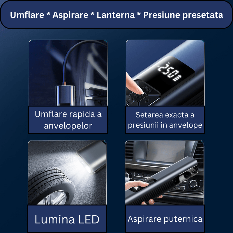 Auto si Moto - Reparatii si depanare - Compresoare - Compresor auto wireless 4 in 1, aspirator, lanterna LED, presetare presiune, 120 PSI afisaj digital LCD, multifunctional - Infinity.ro