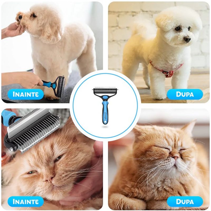 Petshop - Ingrijire si Igiena - Produse uz extern - Perii si manusi - Tesala si Perie trimmer 2 in 1 Animale, PROpets, Anti-naparlire, Descalcire blana, pentru tuns par scurt si lung, L - Infinity.ro