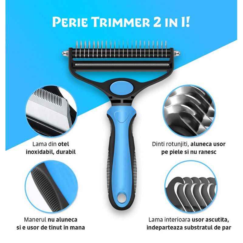 Petshop - Ingrijire si Igiena - Produse uz extern - Perii si manusi - Tesala si Perie trimmer 2 in 1 Animale, PROpets, Anti-naparlire, Descalcire blana, pentru tuns par scurt si lung, L - Infinity.ro