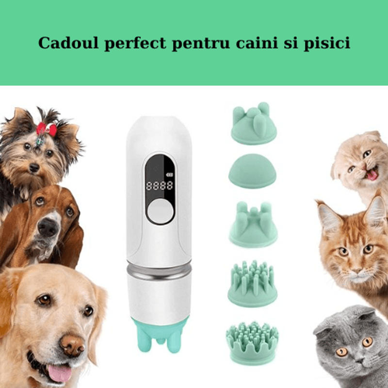 Petshop - Accesorii petshop - Alte accesorii petshop - Aparat de masaj pentru caini si pisici, 3 moduri si 5 capete pentru masaj complet al corpului, Portabil, Alb - Infinity.ro
