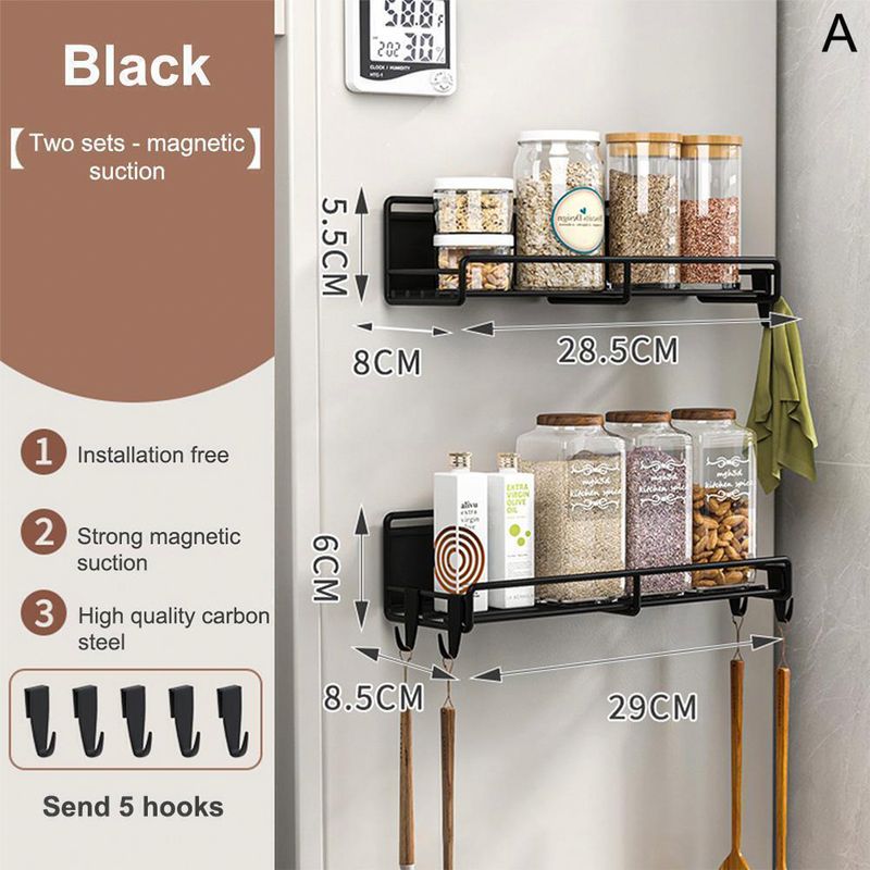 Casa si Gradina - Mobilier - Biblioteci si rafturi - Rafturi - Set 2 rafturi magnetice, Quasar & Co.®, 5 carlige, pretabil condimente, 28,5x8x7 cm/29x9x7,5 cm, metal, negru - Infinity.ro