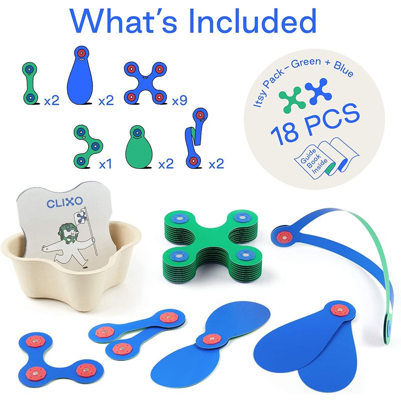 Jucarii, Copii si Bebe - Jucarii si jocuri - Seturi de constructie si cuburi - Seturi de constructie - Set Clixo de construit cu magnet, Itsy pack Blue-Green 18 - Infinity.ro