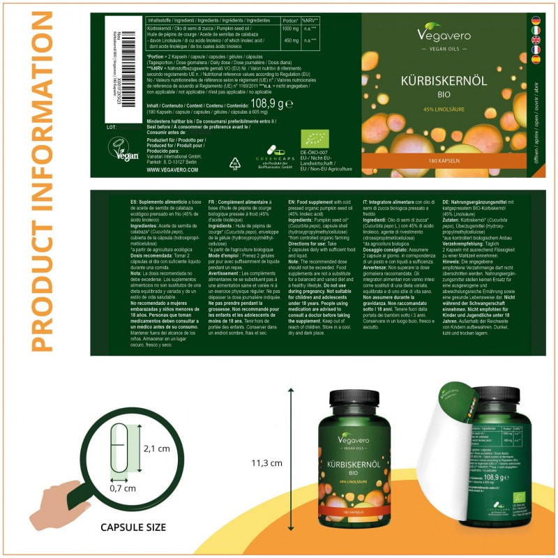 Ingrijire personala si Cosmetice - Sanatate si wellness - Suplimente alimentare - Vitamine si minerale - Vegavero Organic Pumpkin Seed Oil 500mg, 180 Capsule (Ulei din seminte de dovleac) - Infinity.ro