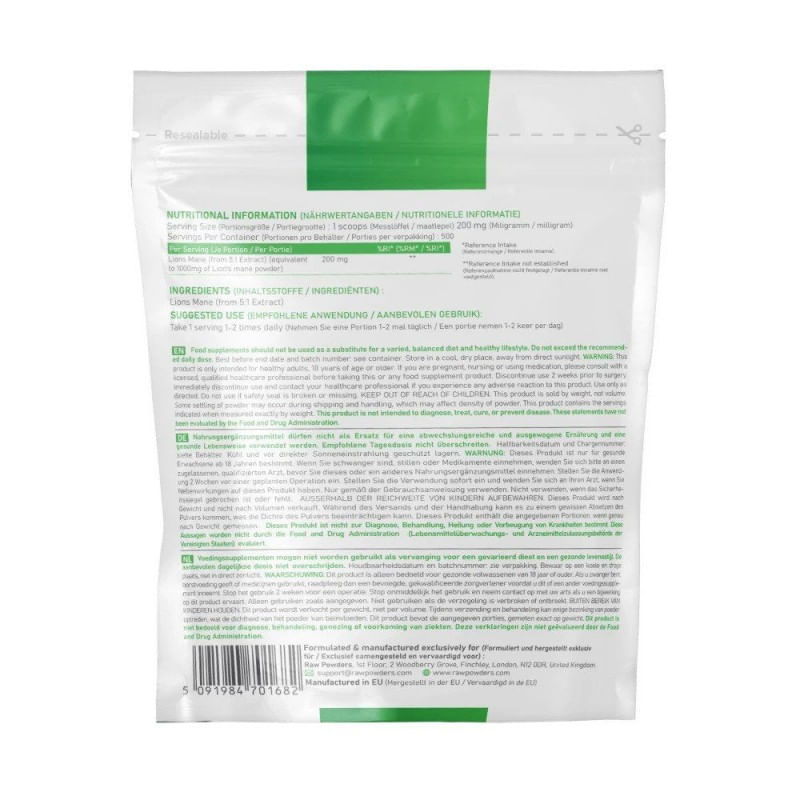 Ingrijire personala si Cosmetice - Sanatate si wellness - Suplimente alimentare - Vitamine si minerale - Raw Powders Lion's Mane 5: 1 Extract Pulbere 100 grame - Infinity.ro