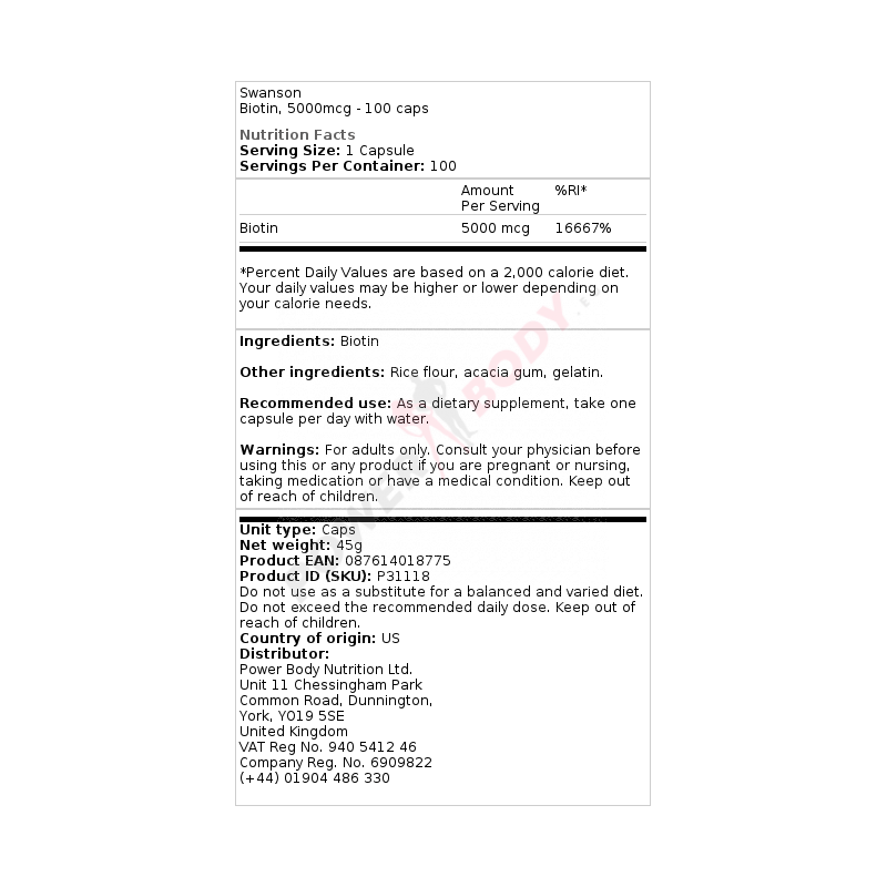 Ingrijire personala si Cosmetice - Sanatate si wellness - Suplimente alimentare - Vitamine si minerale - Swanson Biotina, 5000mcg - 100 Capsule - Infinity.ro