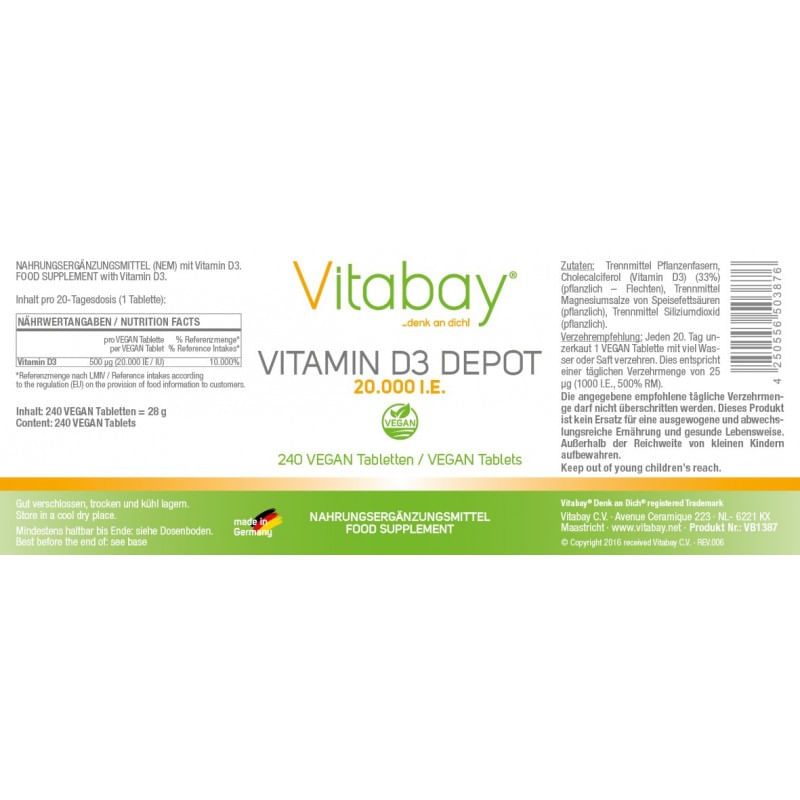 Ingrijire personala si Cosmetice - Sanatate si wellness - Suplimente alimentare - Vitamine si minerale - Vitabay Vitamina D3 - 20.000 UI - 240 Tablete vegane - Infinity.ro