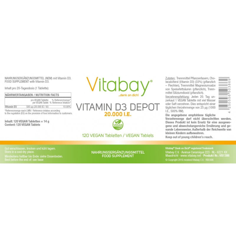 Ingrijire personala si Cosmetice/Sanatate si wellness/Suplimente alimentare/Vitamine si minerale - Vitabay Vitamina D3 - 20.000 UI - 120 Tablete vegane - Infinity.ro
