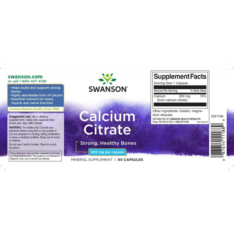 Ingrijire personala si Cosmetice - Sanatate si wellness - Suplimente alimentare - Vitamine si minerale - Swanson Calcium Citrate 200mg 60 Capsule - Infinity.ro