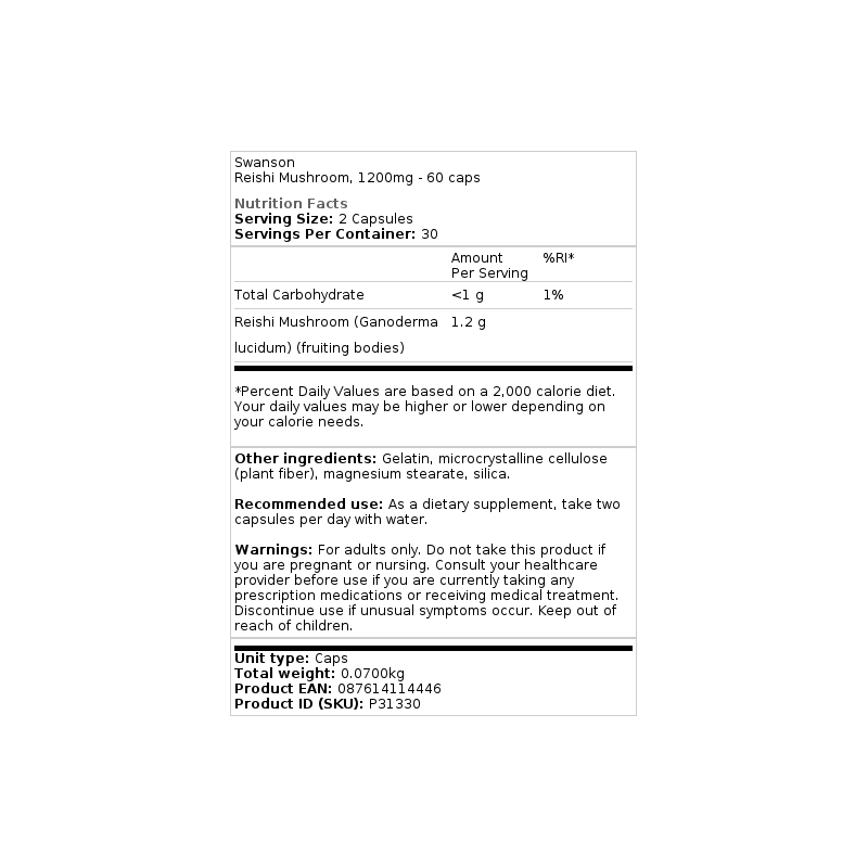 Ingrijire personala si Cosmetice - Sanatate si wellness - Suplimente alimentare - Vitamine si minerale - Swanson Reishi Mushroom (ciuperca) 600 mg, 60 Capsule (Intareste imunitatea) - Infinity.ro