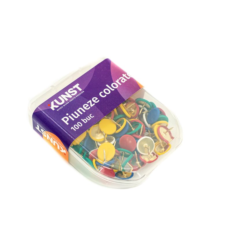 Carti si Birotica - Birotica - Accesorii de birou - Agrafe si capse - Set piuneze KUNST, colorate, 100 buc - Infinity.ro
