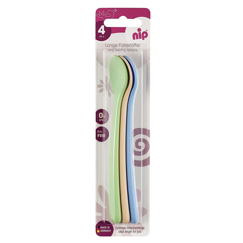 Jucarii, Copii si Bebe - Hrana si alaptare - Biberoane, suzete si accesorii hranire - Articole hranire bebelusi - Set 3 lingurite colorate cu coada lunga pentru bebelusi, 4+ luni, nip 37079 - Infinity.ro