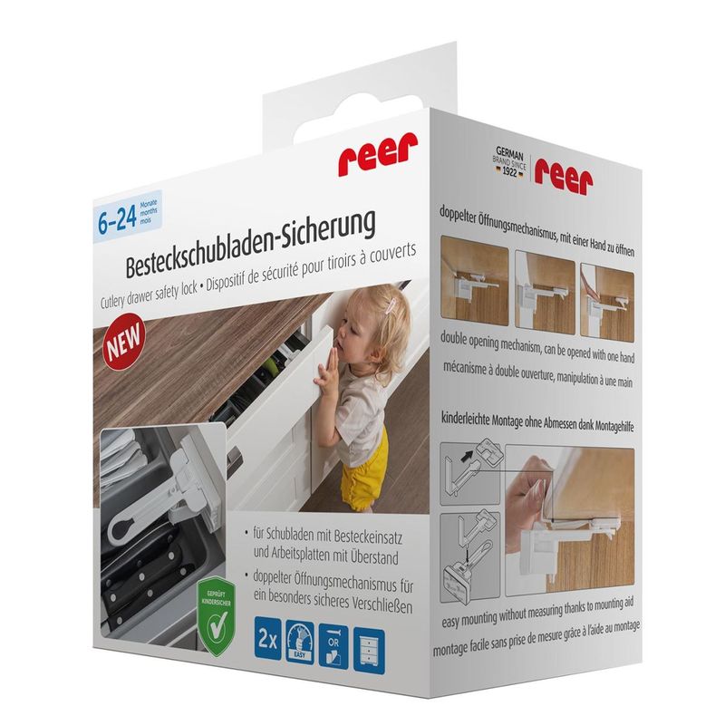 Casa si Gradina - Mobilier - Mobilier copii - Sisteme de siguranta - Set sigurante pentru sertare de tacamuri, 2 bucati, albe, montare cu adeziv sau surub, Reer 71090 - Infinity.ro