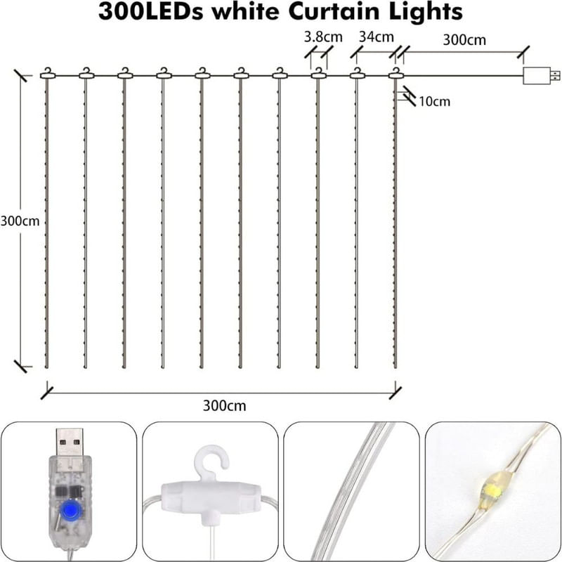 Casa si Gradina - Corpuri si surse de iluminat - Iluminat exterior - Instalatii luminoase exterior - Instalatie de Craciun cu telecomanda, Perdea de lumini, 3 x 3 m, 300 LED-uri, Alb Rece - Infinity.ro