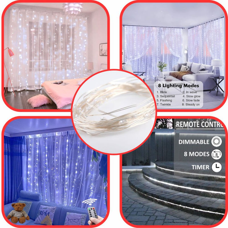 Casa si Gradina - Corpuri si surse de iluminat - Iluminat exterior - Instalatii luminoase exterior - Instalatie de Craciun cu telecomanda, Perdea de lumini, 3 x 3 m, 300 LED-uri, Alb Rece - Infinity.ro