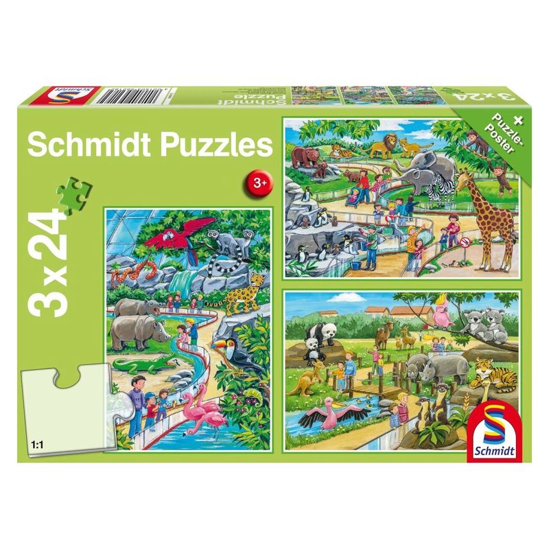 Jucarii, Copii si Bebe - Jucarii si jocuri - Jocuri si puzzle - Puzzle - Puzzle Schmidt - O zi la Gradina zoologica, 3x24 piese, include 1 poster - Infinity.ro