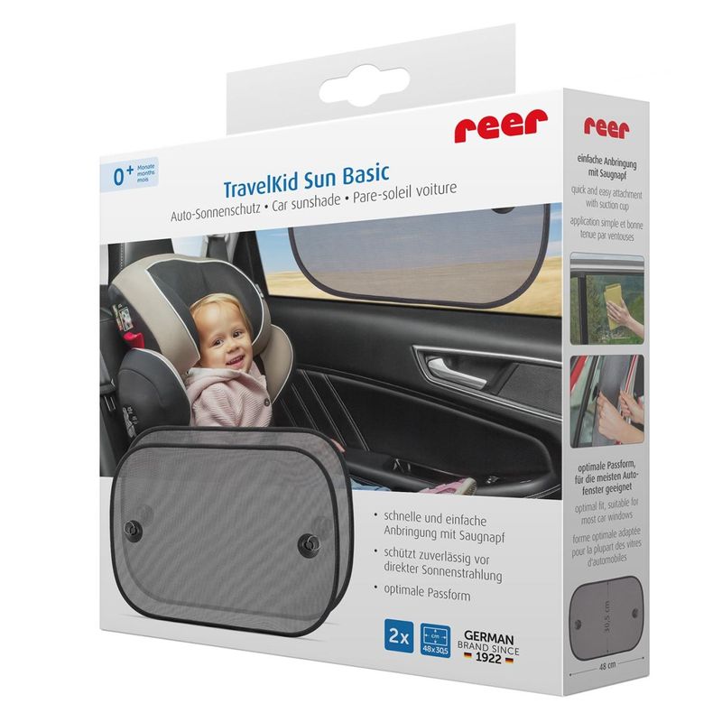 Jucarii, Copii si Bebe - Carucioare si articole de transport - Accesorii transport copii - Set 2 parasolare auto lipire cu ventuze TravelKid Sun Basic Reer 86141 - Infinity.ro