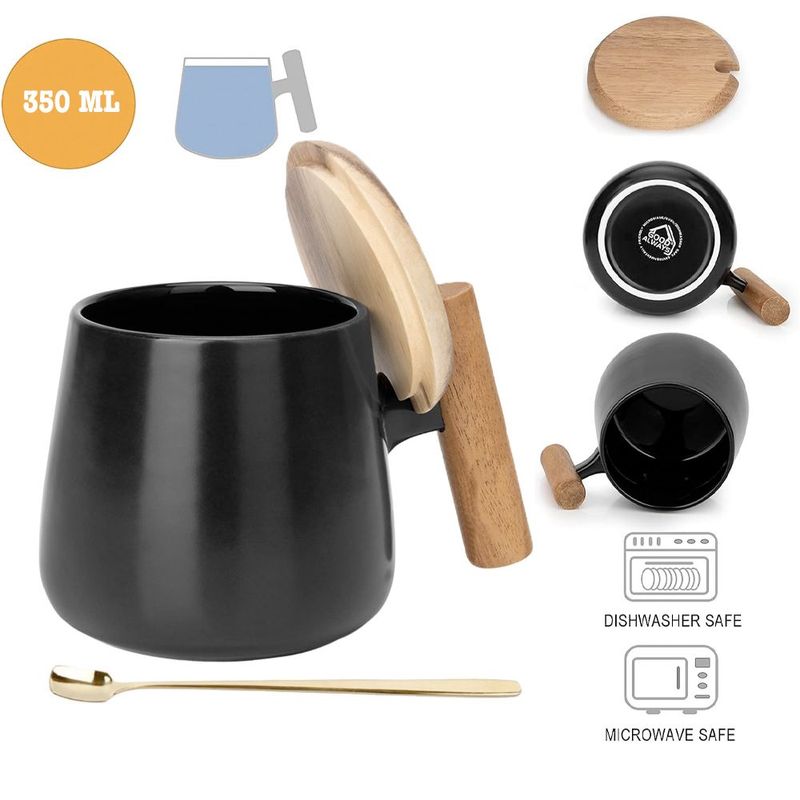 Casa si Gradina - Bucatarie si vesela - Cani si pahare - Cani si cesti - Set 2 cani cafea/ceai si lingurita,Quasar & Co.®,cu capac si maner bambus,lingurita inox,ceramica,350ml,roz pudrat/negru - Infinity.ro