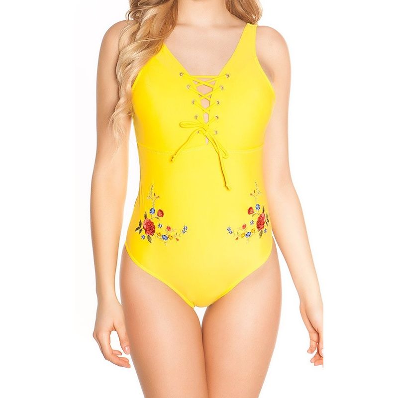 Fashion - Pentru femei - Costume de baie - Costum de baie intreg cu aplicatii brodate, galben, marimea 40 - Infinity.ro