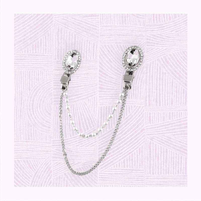 Fashion, accesorii si bijuterii - Femei - Bijuterii femei - Brose femei - Brosa decorativa cardigan cu lant Crisalida, 16 cm Crystal - Infinity.ro