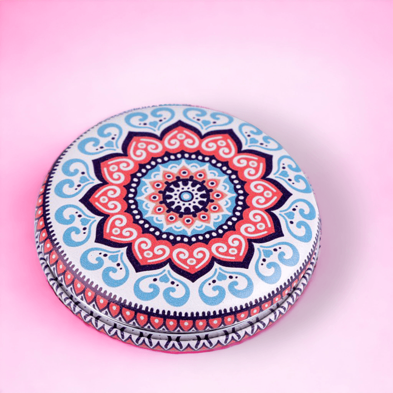 Ingrijire personala si Cosmetice - Machiaj - Oglinzi cosmetice - Oglinda poseta dubla din piele ecologica, Mandala 7 cm, Albastru - Infinity.ro