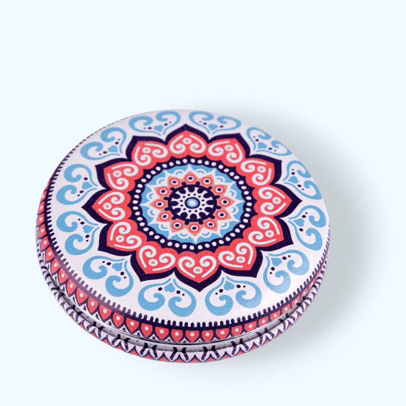 Ingrijire personala si Cosmetice - Machiaj - Oglinzi cosmetice - Oglinda poseta dubla din piele ecologica, Mandala 7 cm, Albastru - Infinity.ro