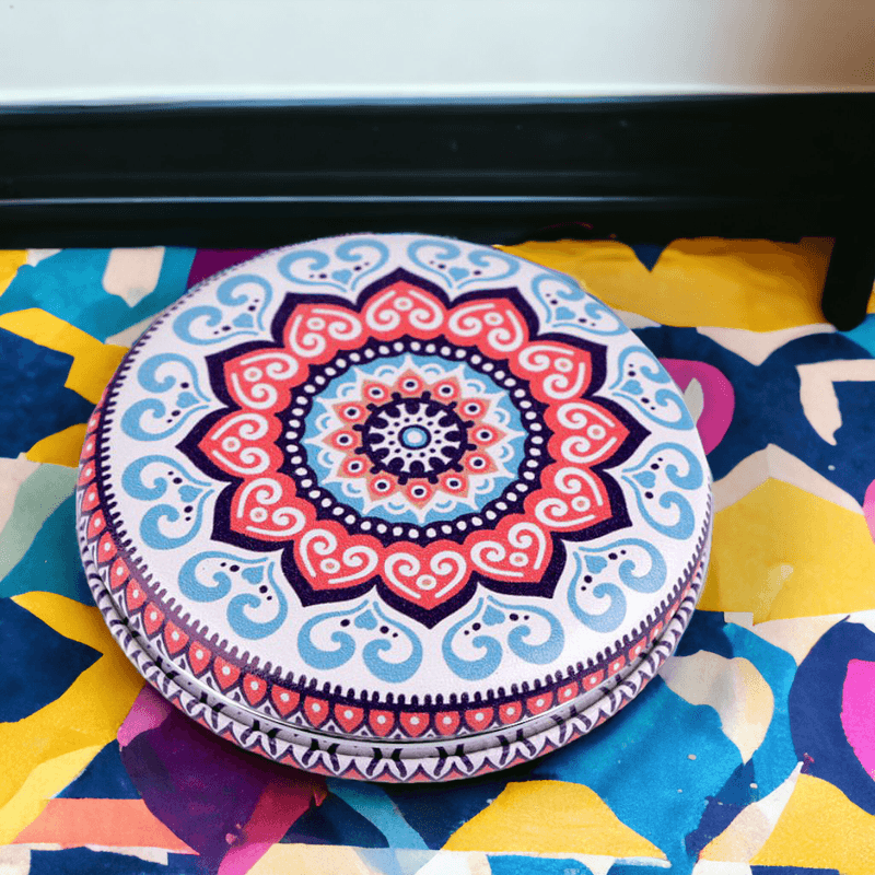 Ingrijire personala si Cosmetice - Machiaj - Oglinzi cosmetice - Oglinda poseta dubla din piele ecologica, Mandala 7 cm, Albastru - Infinity.ro