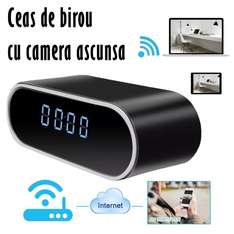 Laptop, Telefoane si Tablete - Wearables si gadgeturi - Gadgeturi - Dispozitive spionaj - Mini camera Spy WI-FI IP Ascunsa in Ceas Desteptator, Microfon, Infrarosu, 1080P, Activare la Miscare, Rotunda - Infinity.ro