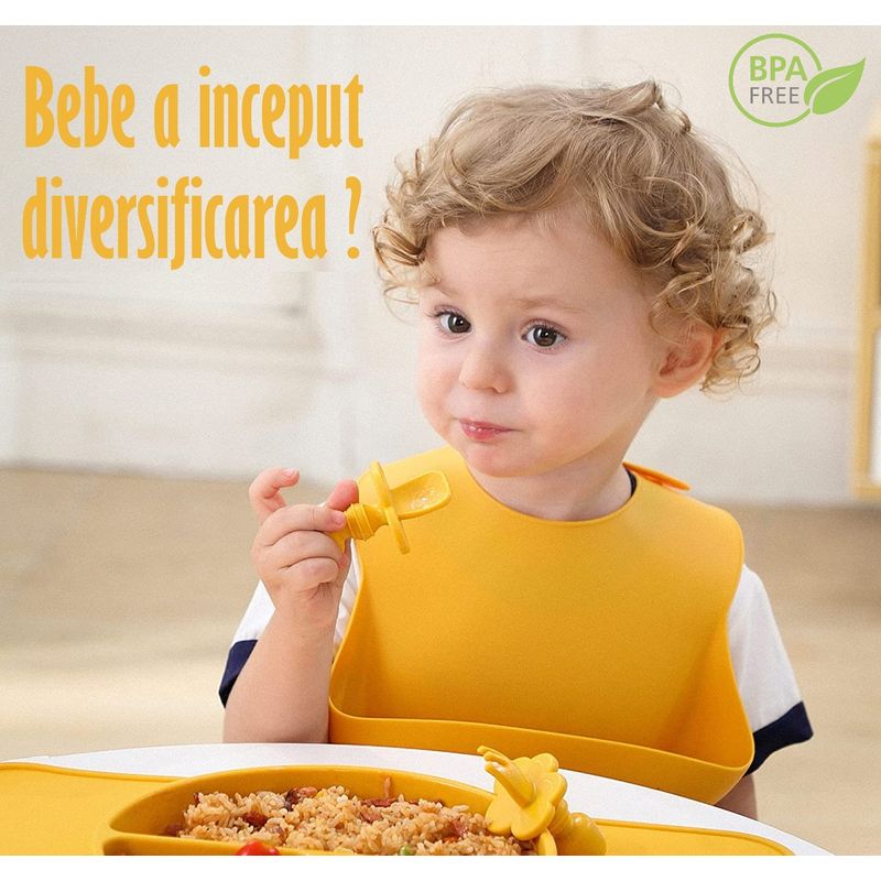 Jucarii, Copii si Bebe - Hrana si alaptare - Biberoane, suzete si accesorii hranire - Articole hranire bebelusi - Set Complet Diversificare din Silicon, Farfurie cu Tacamuri, Bavetica, Cana-Pahar,Bol cu Lingura si Furculita, Dark Pink - Infinity.ro