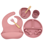 Jucarii, Copii si Bebe - Hrana si alaptare - Biberoane, suzete si accesorii hranire - Articole hranire bebelusi - Set Complet Diversificare din Silicon, Farfurie cu Tacamuri, Bavetica, Cana-Pahar,Bol cu Lingura si Furculita, Dark Pink - Infinity.ro