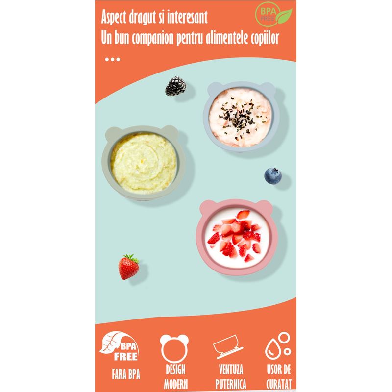 Jucarii, Copii si Bebe - Hrana si alaptare - Biberoane, suzete si accesorii hranire - Articole hranire bebelusi - Set Complet Diversificare din Silicon, Farfurie cu Tacamuri, Bavetica, Cana-Pahar,Bol cu Lingura si Furculita, Dark Pink - Infinity.ro