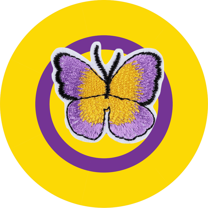 Casa si Gradina - Decoratiuni - DIY - Articole mercerie - Aplicatie termoadeziva brodata, 36 x 40 mm Fluture violet si galben - Infinity.ro