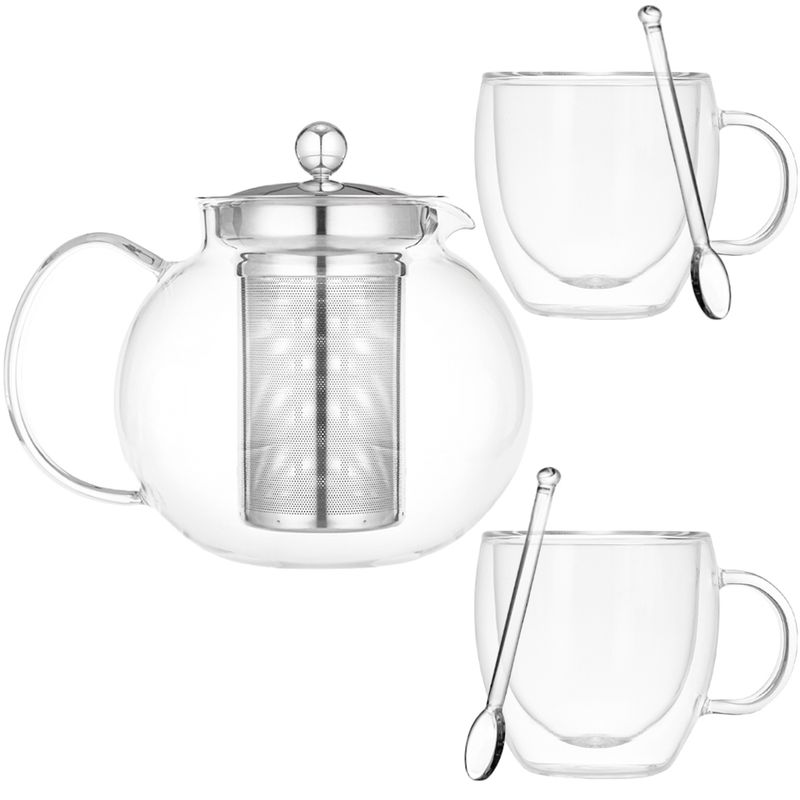 Casa si Gradina - Bucatarie si vesela - Vase pentru gatit - Ceainice si infuzoare - Set ceainic cu 2 cani si 2 lingurite, Quasar & Co.®,cu infuzor si capac,650ml,2x250ml,termorezistente,sticla,transparent - Infinity.ro