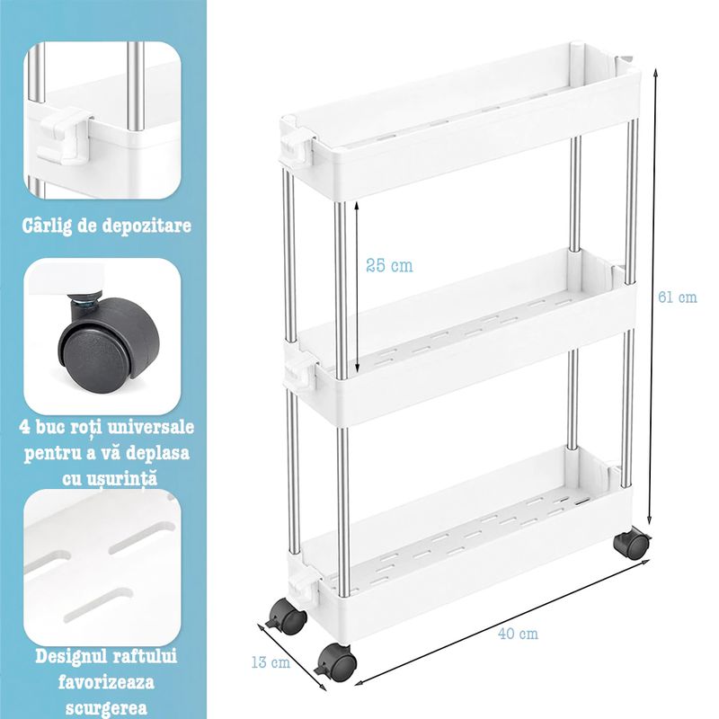 Casa si Gradina - Mobilier - Biblioteci si rafturi - Rafturi - Etajera cu 3 polite, Quasar & Co.®,cu roti, pentru spatii inguste, universala, dreptunghiulara,ABS/inox, 40 x 12 x 61 cm - Infinity.ro