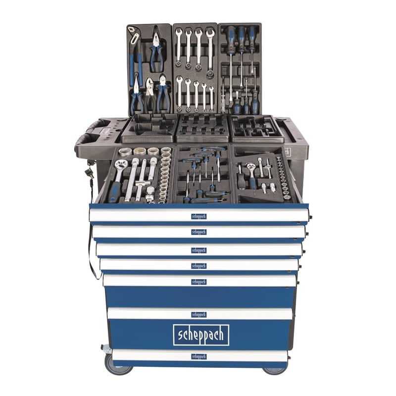 Casa si Gradina - Constructii - Depozitare, transport si protectie - Organizatoare si cutii scule - Carucior portabil cu scule TW1100 Scheppach 5909304901, 7 sertare, 70 piese - Infinity.ro
