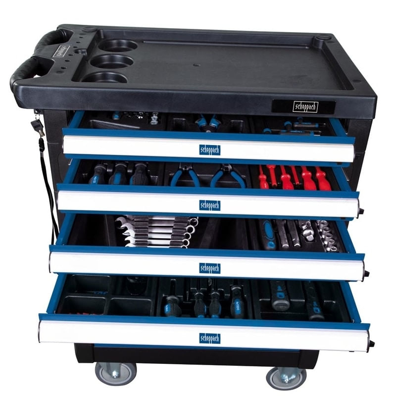 Casa si Gradina - Constructii - Depozitare, transport si protectie - Organizatoare si cutii scule - Carucior portabil cu scule TW1000 Scheppach 5909304900, 7 sertare, 263 piese - Infinity.ro