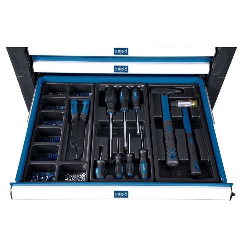 Casa si Gradina - Constructii - Depozitare, transport si protectie - Organizatoare si cutii scule - Carucior portabil cu scule TW1000 Scheppach 5909304900, 7 sertare, 263 piese - Infinity.ro